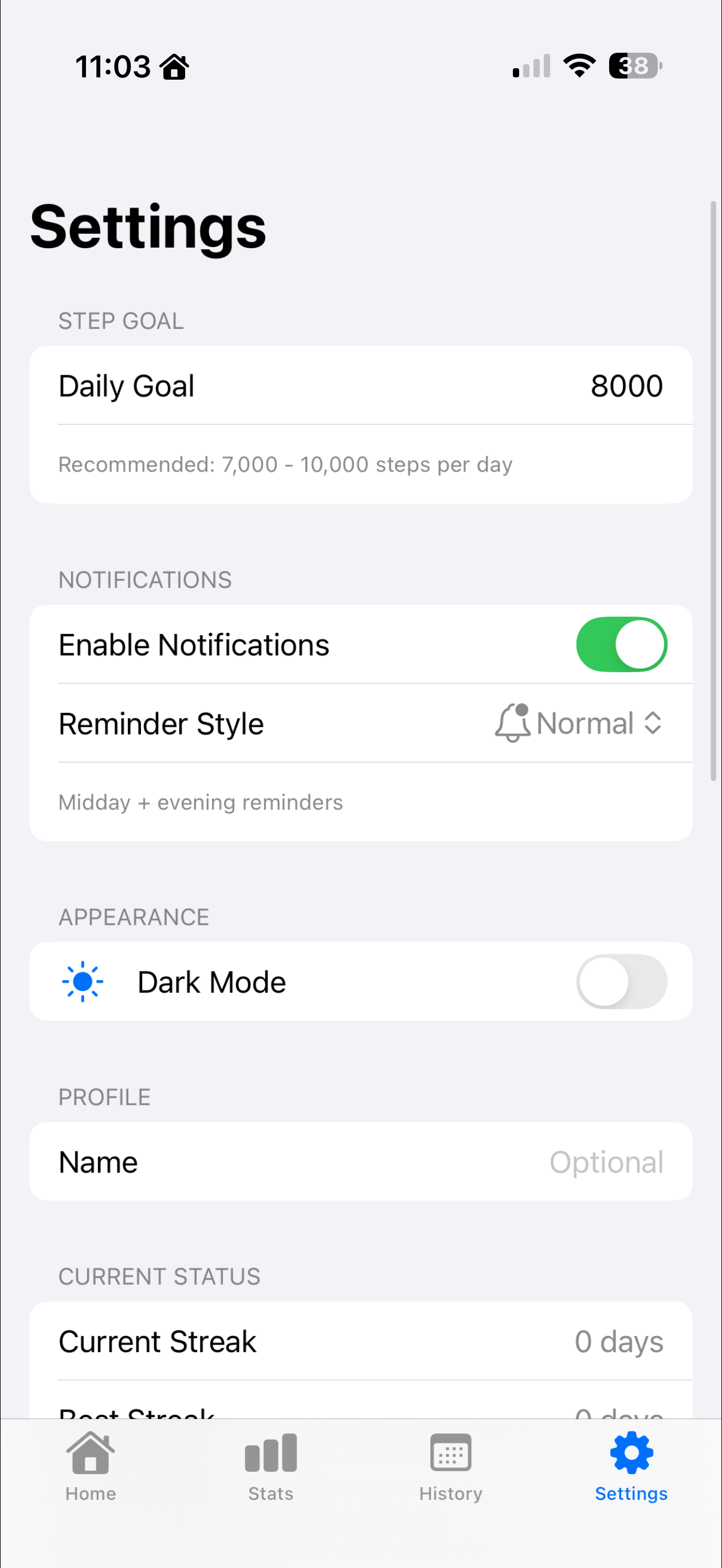 StepFine statistics dashboard showing streaks and progress